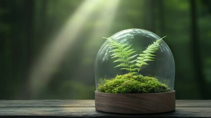 Poster - Botanical Sanctuary: A delicate fern flourishes within a glass enclosure, symbolizing nature's resilience and the harmony between plants and their environment.