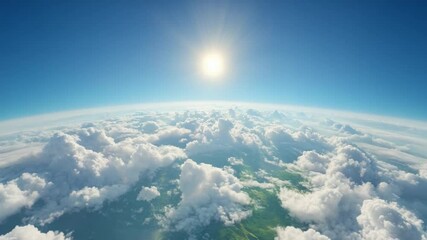 Poster - Celestial Panorama: Captivating the awe-inspiring view of planet earth, draped in a heavenly cloak of clouds, under the radiant sun in an evocative visual representation of the atmosphere. 