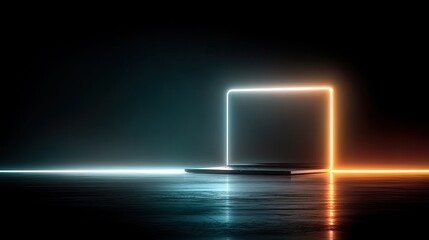 Poster - Portable Neon Computer with Blank Screen on Reflective Surface