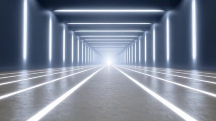 Poster - Futuristic Neon Tunnel: An expansive and geometric tunnel illuminated by blue neon lights casts long shadows in a seemingly endless perspective