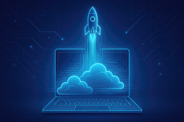 Poster - Blue Neon Rocket Launching from Laptop Screen Cloud Computing Digital Innovation