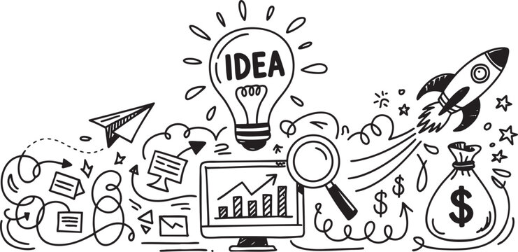 Dynamic Business Idea Sketch Illustration A Creative Depiction of Innovation Strategy Planning and Growth with Lightbulb Rocket Computer and Financial Elements on Black Canvas