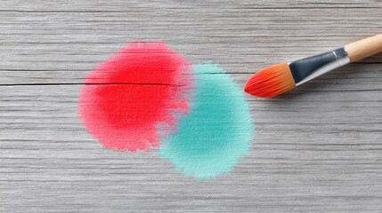 Poster - Red and Teal Paint Circles on Wooden Background