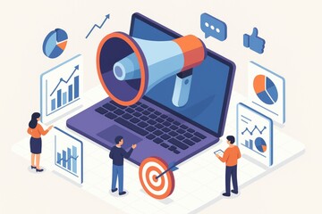 Poster - Isometric Illustration Digital Marketing Strategy Laptop Megaphone Charts Graphs People