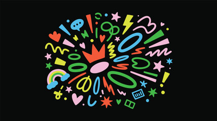 Poster - Vibrant Doodle Elements on Black Background A Playful Vector Illustration Featuring Colorful Shapes, Stars, Hearts, and Lines for Creative Designs and Artistic Projects