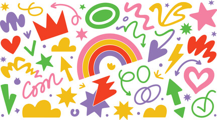 Poster - Colorful Doodle Elements on Black Backdrop A Whimsical Vector Illustration Featuring Rainbows, Hearts, Stars, and Abstract Shapes for Creative Designs and Artistic Projects