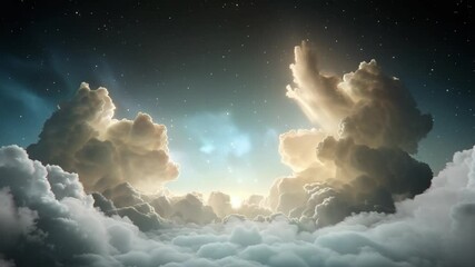 Poster - Heavenly Skies: A captivating high-angle shot of cumulonimbus clouds fills the frame, illuminated by radiant sunlight, creates a celestial spectacle. 