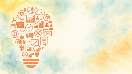 Poster - Orange Business Icons Forming Lightbulb Shape on Watercolor Yellow Blue Background