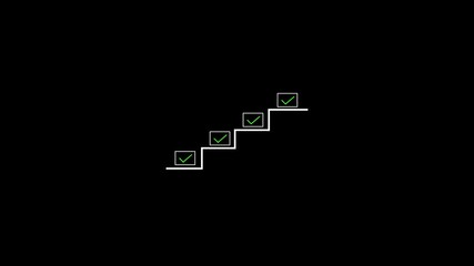 Poster - Animated steps to success with checkmarks on black background. Steps show progress, success, achievement, and task completion. Checkmarks highlight completed goals and milestones.