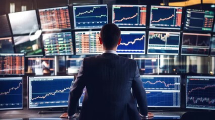 Poster - A trader analyzing market trends at multiple screens, showcasing financial data and stock charts in a modern trading environment.