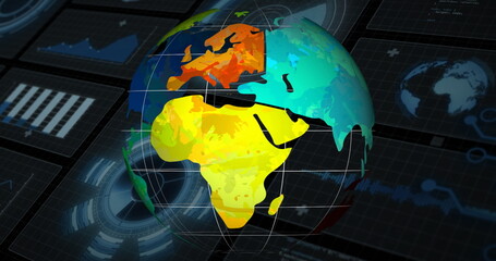 Poster - Floating 3D globe with white grid lines rotating over digital analytics dashboard, with data panels