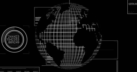 Fototapete - Presenting wireframe globe rotating in futuristic UI, with numeric gauge and translucent panels