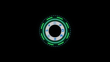 Poster - Animated futuristic circular interface with financial and business icons