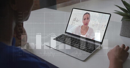 Poster - Woman wearing blue top viewing charts on silver laptop in home office, with gray potted plant