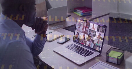 Poster - Analyzing meeting grid on laptop, man sitting at desk with smartphone, notepad, pens, copy space