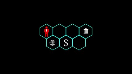 Poster - Animated icons display business and global financial concepts. Icons represent economy, growth, trade, and international markets in dynamic digital style.