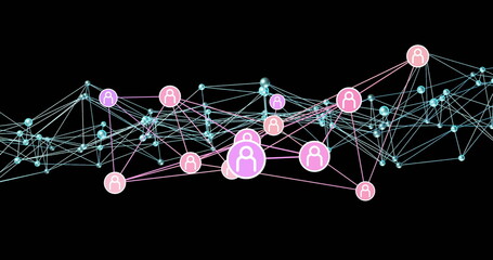 Poster - Displaying largest pink-purple user-avatar icon linking cyan nodes in network with light-blue lines