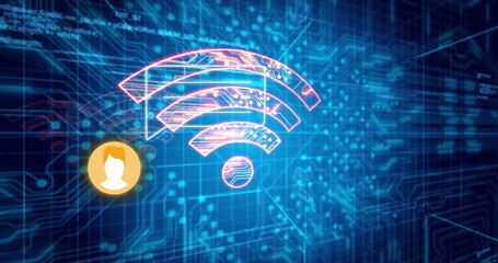 Fototapete - Glowing neon Wi-Fi symbol shining on circuit trace grid in cyberspace, with user avatar icon