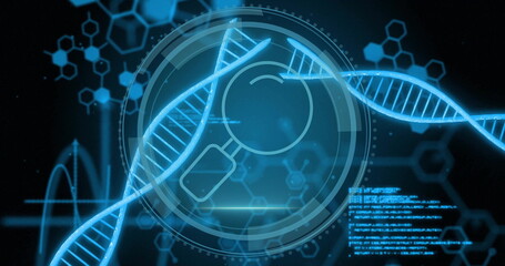 Poster - Rotating DNA double helix strand hovering over interface, showing HUD, molecular patterns and code