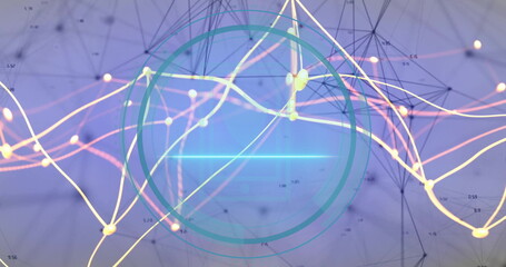 Fototapete - Animating teal HUD circle pulsing over network graph, with yellow white pink wavy lines and nodes