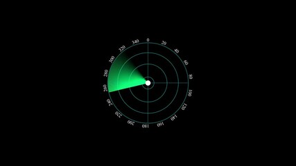 Fototapete - Radar screen displays circular scanning interface with rotating sweep. Screen represents detection, tracking, and monitoringAnimated radar screen displaying angle and direction with scanning beam