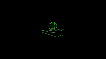 Poster - Green hand holding a globe world icon on black background
