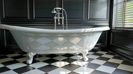 Poster - This setting showcases a beautiful bathtub alongside a striking checkered floor, blending contemporary design with timeless elegance
