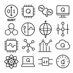 Poster - Quantum Computing Icon Set: Qubit, Processor, Monitor, Cloud, Atom, and More