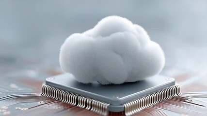 Poster - Cloud Computing Core: A conceptual image showcasing a fluffy cloud resting atop a computer chip, symbolizing the convergence of cloud computing and hardware