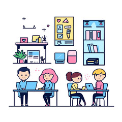 Poster - Cartoon Office Scene Depicting Collaboration and Creative Workspace Elements.
