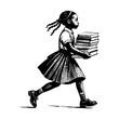 © ascrea - African girl carrying stack of books engraving black and white outline. Scratch board imitation.  illustrated in vintage line art style on a white background.