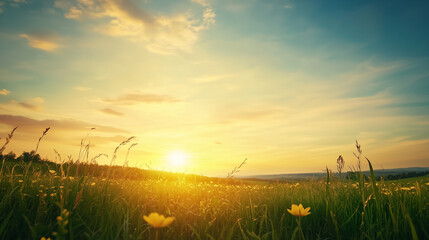 Wall Mural - green field and blue sky. field and clouds