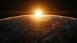 © qazi - Earth s silhouette with the rising sun glowing brightly in the background, casting light over oceans and continents in a spectacular space scene.
