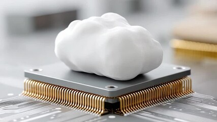 Poster - Cloud Computing: A conceptual representation of cloud computing, symbolized by a fluffy cloud atop a sleek computer chip, signifying data storage, and virtual services in a modern digital world.