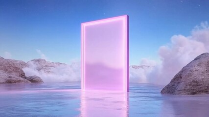 Poster - Portal to the Sublime: A luminous rectangular portal glows against a dreamscape, inviting a journey into a world of ethereal beauty. Featuring a sky blending into the water, rocky terrain.