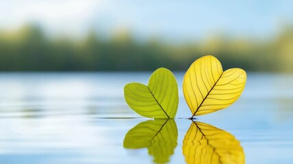 Poster - Two Leaves in Heart Shape: The image depicts two leaves, one green and one yellow, artfully arranged to form heart shapes, gently resting on the surface of a tranquil lake.