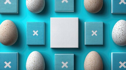 Poster - Speckled Eggs and Teal Squares Pattern on Blue Background