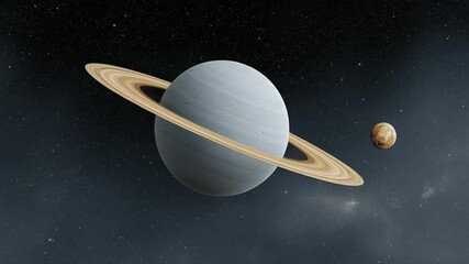 Poster - Celestial Rings: A captivating depiction of the planet Saturn, adorned with its iconic rings, floating in the vastness of space alongside another celestial body.