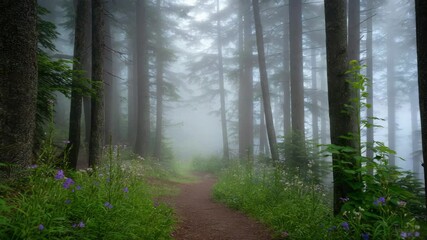 Wall Mural - serene forest path surrounded by tall trees and mist