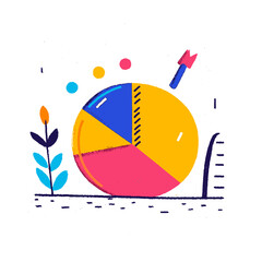 Poster - Colorful pie chart with arrow, floral elements, and abstract design.
