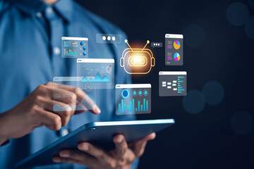 Fototapete - Businessman using AI technology and robotic automation on digital tablet with analytics dashboards. Concept of artificial intelligence, machine learning, and smart business solutions.