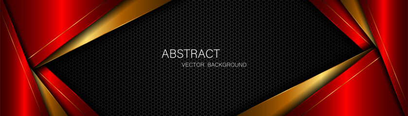 Aufkleber - Abstract red and gold polygon with golden lines on dark steel mesh background with empty space for design. modern technology innovation concept background