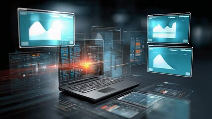 Aufkleber - Data Visualization Workspace: A futuristic digital workspace, featuring an open laptop and multiple displays showcasing intricate data visualizations.