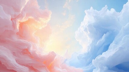 Poster - Pink and Blue Clouds Embrace:  A mesmerizing dance of colors unfolds as fluffy pink and blue clouds intertwine against a backdrop of a radiant and glowing sun. Evokes a sense of peace and serenity.