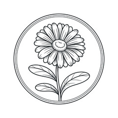 Poster - Ornate Black and White Line Art Illustration of a Flower in a Circle Detailed black line drawing flower with leaves set within circular