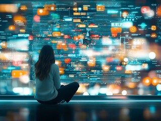 Poster - Digital transformation journey analyzing data visualization in a tech hub virtual environment captured from the rear view