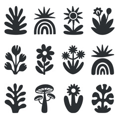 Poster - Collection of Abstract Black and White Botanical Illustrations Nine stylized plant flower silhouettes white background abstract botanical illustration pattern design silhouette floral plant