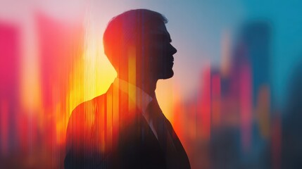 Poster - Double exposure Corporate focus, Businessman Silhouette Against Colorful Graph Background