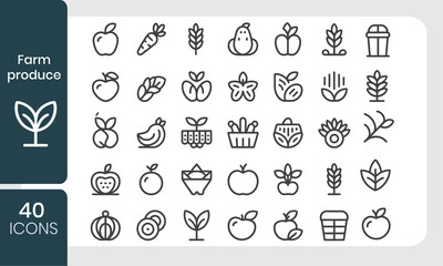 Poster - Collection of forty minimal line art icons representing fresh farm produce and fruits