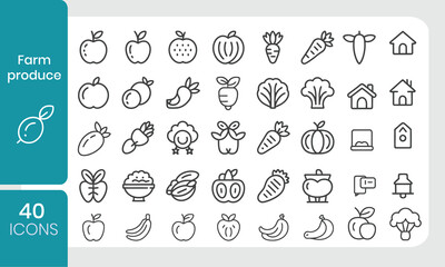 Poster - Collection of forty minimalistic outline icons of farm produce for various design applications